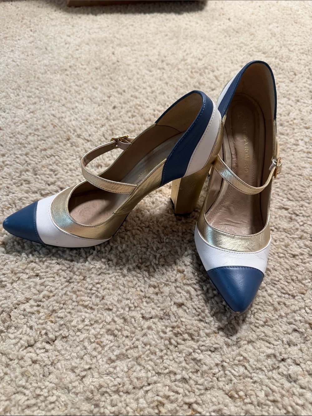 Navy, White & Gold Pointed Mary Jane Block Heels